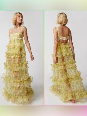 For Love & Lemons Yellow Floral Ruffle Wedding Dress